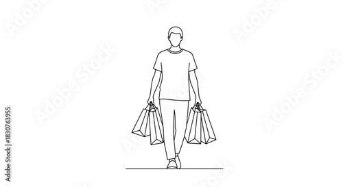 A man walking forward carrying multiple shopping bags in each hand in a minimalist line drawing style