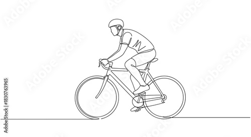 Continuous line drawing of a cyclist wearing helmet riding a bicycle on a flat surface in black and white