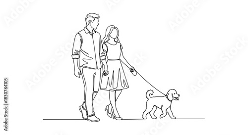Continuous line drawing of a couple walking a poodle on a leash in a simple minimalist style