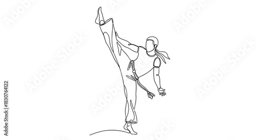 Single line drawing of a person performing a high kick in a martial arts or dance style pose with focus