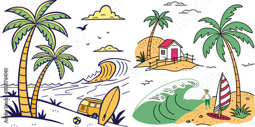 Hand-drawn doodle beach and surf icon vector set with tropical elements like palm trees, waves, surfboards, and sun. Perfect for summer designs, t-shirts, posters, and coastal branding.