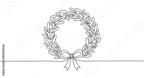Continuous line drawing of a wreath with leaves and a bow hanging from a single horizontal line