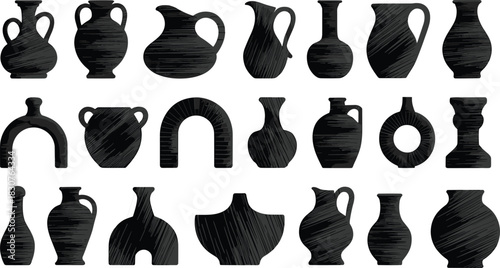Ancient pottery silhouettes, ceramic vessel shapes, amphora icons, traditional jug forms, black textured design, archaeology art, vector illustration, cultural heritage