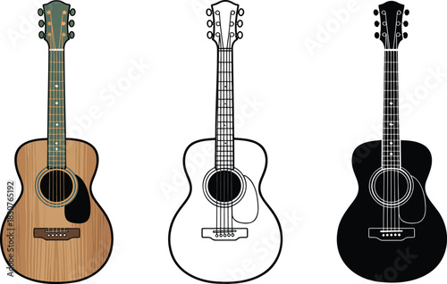 Guitar silhouette & Outline and illustration set isolated on transparent background