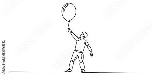 Continuous line drawing of a person standing and holding a single balloon, looking upwards with a sense of aspiration and freedom Vector, illustration