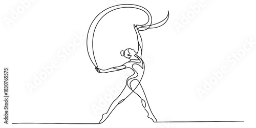 Continuous line art drawing of an elegant rhythmic gymnast performing a graceful dance with a long flowing ribbon in motion. Vector, illustration