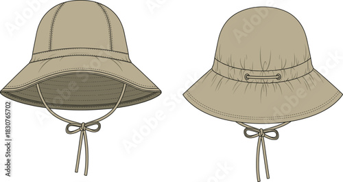 Beige wide-brimmed sun hat, front and back view, chin strap, adjustable drawstring, stitched brim, fashion accessory, outdoor gear, summer style