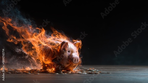A dramatic visual of a piggy bank engulfed in flames, symbolizing financial loss and the urgency of addressing economic issues in a powerful and artistic manner.