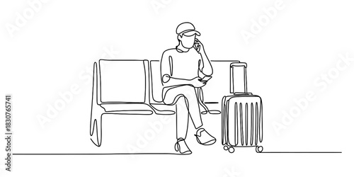 Continuous line art illustration of a person sitting on a waiting bench, speaking on a smartphone beside their suitcase, prepared for journey. Vector, illustration