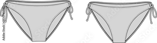 Bikini bottom sketch, side tie design, front and back view, stitched detail, fashion flat, swimwear construction, apparel illustration, beachwear