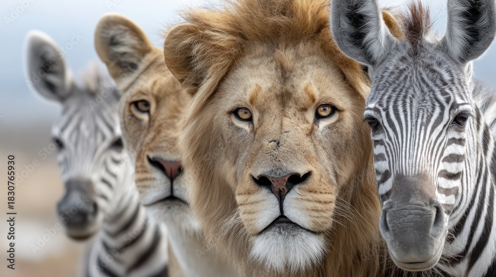 Fototapeta premium A stunning close-up scene featuring a lion and zebras, showcasing the beauty and tension of wild animal interactions in their natural habitat.