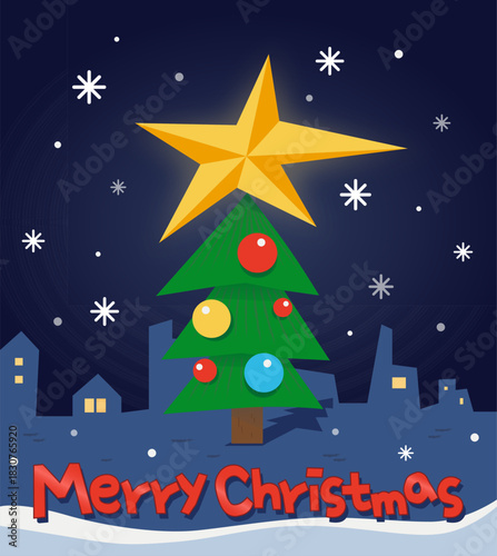 Geometric Christmas Tree in City Night Vector