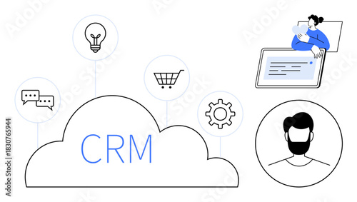 CRM concept. CRM tools support customer communication, e-commerce management, and data integration. CRM enhances user engagement and business operations. For business, communication apps, and IT