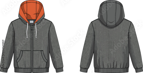 Hooded zip-up jacket sketch, front and back view, orange lining, silver zipper, drawstring hood, fashion flat, apparel design, garment construction