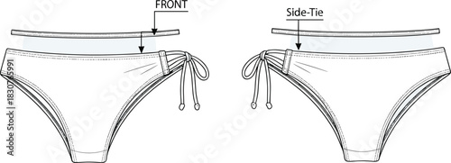 Side-tie bikini bottom sketch, front and labeled view, waistband detail, stitched seams, fashion flat, swimwear construction, apparel illustration