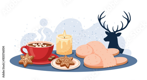 A warm and cozy winter scene with hot chocolate, gingerbread cookies, a lit candle, and fluffy slippers, perfect for holiday comfort.