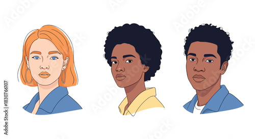 Minimalist vector illustration featuring three diverse young people, two women and one man, with natural expressions.