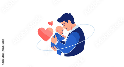 A loving father gently cradling his infant child, expressing tender affection and strong parental bond, surrounded by symbols of care.