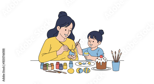 Happy mother and daughter enjoy painting colorful Easter eggs together at a table, celebrating the holiday with creative fun.