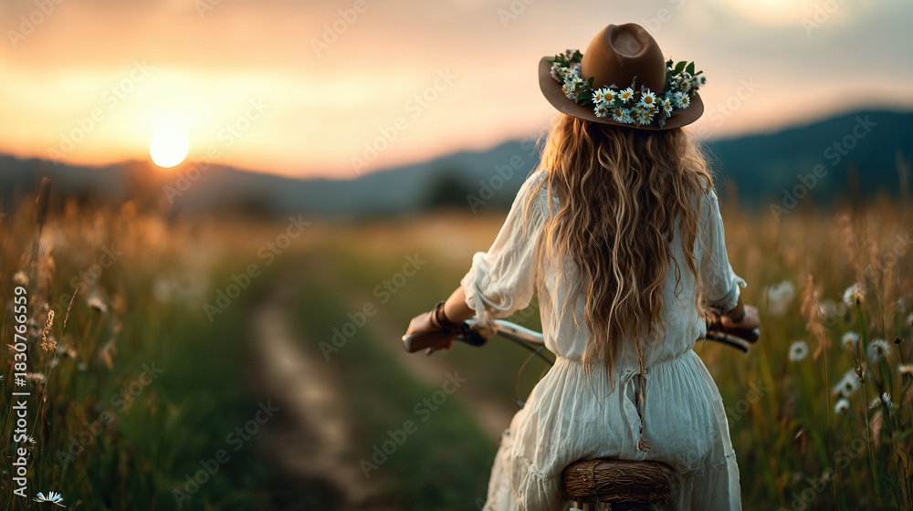 Obraz premium A woman with a floral crown rides her bicycle through golden fields as the sun sets in the background, capturing the essence of freedom, nature, and adventure in the moment.
