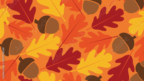 Cheerful autumn design featuring acorns and vibrant fall leaves in warm autumnal tones perfect for seasonal backgrounds and creative projects