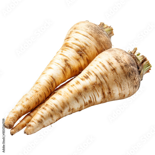 Two long, light beige root vegetables with brown striations
