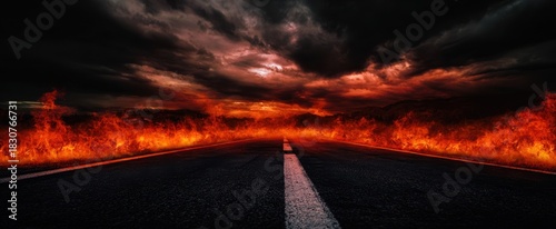 The Road to a Fiery Horizon Under Dark Storm Clouds and Dramatic Apocalyptic Sky