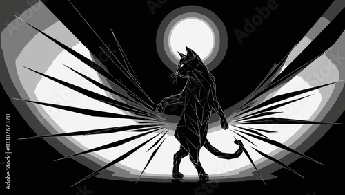Abstract Black Cat Geometric Warrior Silhouette with Sharp Crystal Wings Ready to Fight Against Dark Background with Moon Light Vector Illustration, Power and Protection Concept
