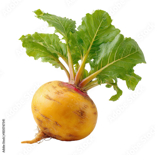 Yellow turnip with vibrant green leaves