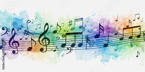 Colorful abstract music background illustration with artistic notes and clef design