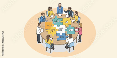 Diverse business team collaborating on puzzle pieces strategy, managers assembling business solution puzzle, group brainstorming new project ideas at round table