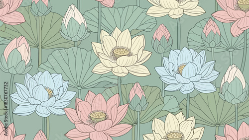 Elegant pastel lotus flower pattern with soft hues, perfect for creating a serene and calming backdrop for your next design project or social media campaign