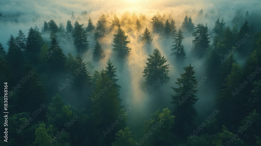 Fototapeta premium Sunlit Forest Canopy - A Misty Morning Landscape.