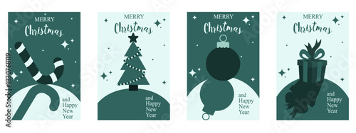 Trendy 2026 color Merry Christmas and Happy New Year vector greeting card set. Merry Christmas poster cover collection with ball candy Xmas tree and shadow. Perfect holiday flyer background. EPS 10
