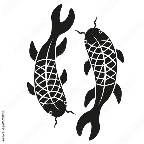 Vector illustration of modern chinese Fishes black silhouette isolated transparent. Creative zodiac symbol pisces template design. Ideal t-shirt hoodies print. EPS 10