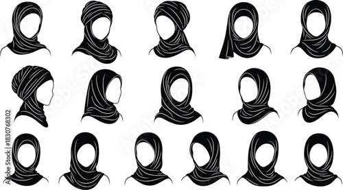 Hijab Style Silhouettes in Profile Views – Diverse Islamic Headscarf Designs for Fashion, Identity, Culture, and Modest Wear Concepts