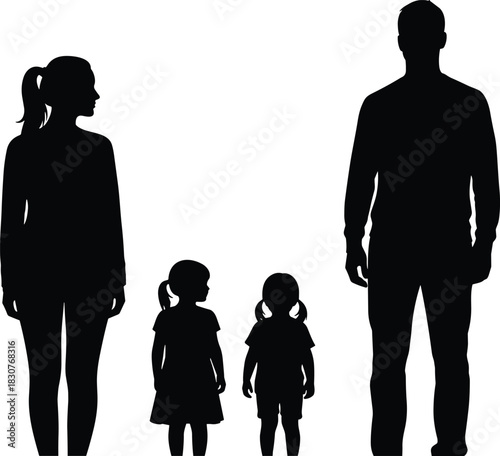 Family Silhouette with Parents and Children – Black Icon for Social Structure, Parenthood, Unity, and Demographic-Themed Design Concepts