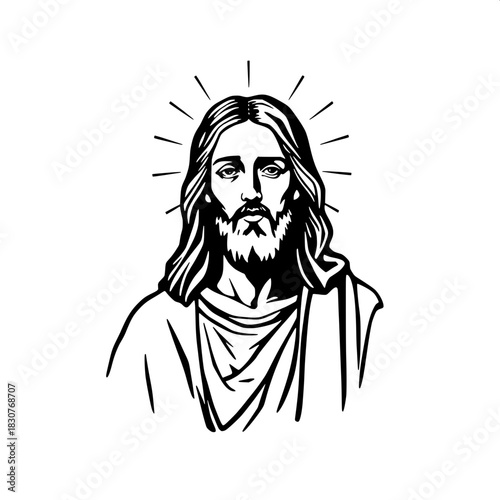 Minimal black-and-white depiction of Jesus Christ directly facing the viewer with a serene expression, surrounded by a thin halo, draped in simple yet elegant robes that fall in gentle folds, with sof