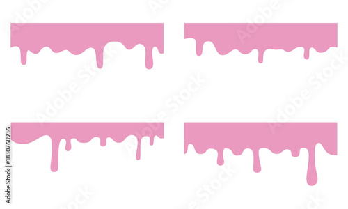 A set of melting and dripping pink strawberry. melting and splashing shiny pink liquid over white background with copy space.