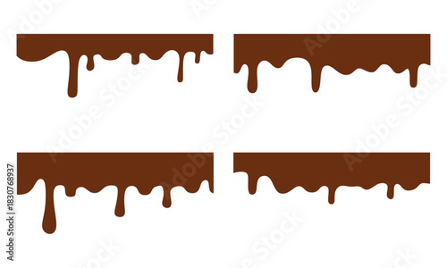 A set of melting and dripping chocolate. Melted chocolate dripping on white background. Melted chocolate seamless texture. 