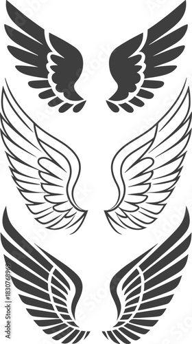 Black and White Stylized Wing Icons, Feather Silhouette Collection for Logos, Tattoos, Emblems, and Graphic Design