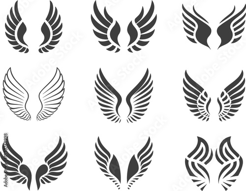Black and White Stylized Wing Icons, Feather Silhouette Collection for Logos, Tattoos, Emblems, and Graphic Design