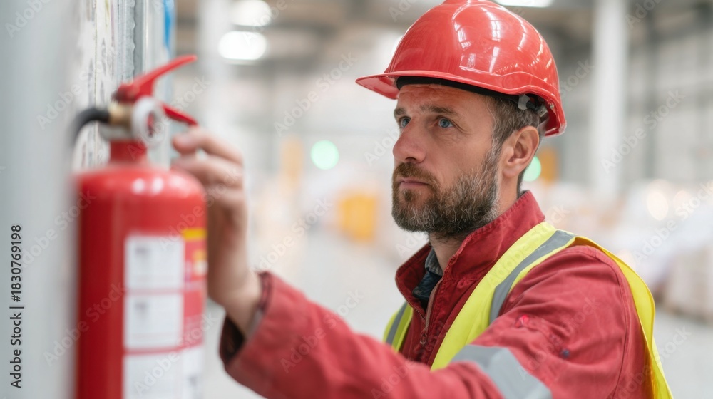 custom made wallpaper toronto digitalConstruction Worker Inspecting Fire Extinguisher In Industrial Setting. Safety And Compliance In Workplace