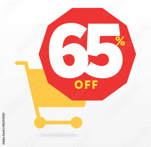 65% offer, clearance, tag, store, advertising, off, market, special, advertisement, promo, sale, discount, shop cart, vector, set, icon, design. Poster, sig, retail, annual, banner, shape