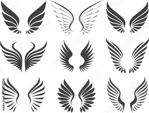 Black and White Stylized Wing Icons, Feather Silhouette Collection for Logos, Tattoos, Emblems, and Graphic Design