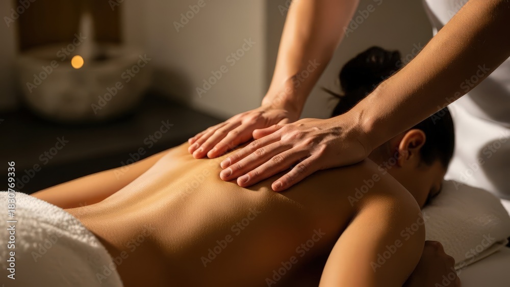 Fototapeta premium Woman getting a soothing back massage from a professional therapist in a calming spa environment indoors