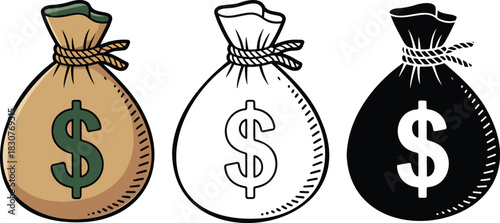 Money bag icon silhouette & Outline and illustration set isolated on transparent background