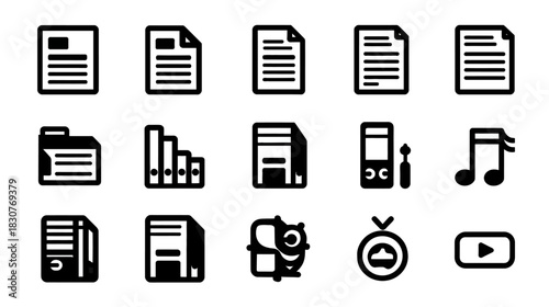 Black and white vector icon set: various file types, documents, data, folders, server, audio, and video symbols for digital interface.