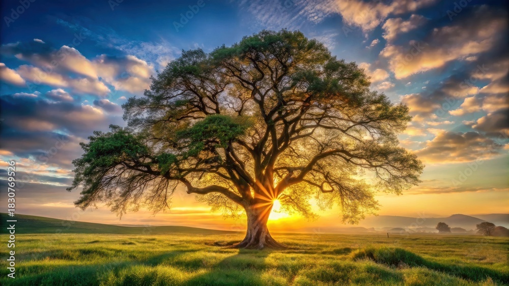 Fototapeta premium Majestic Oak Tree Silhouetted Against a Vibrant Sunrise Over a Rolling Green Meadow