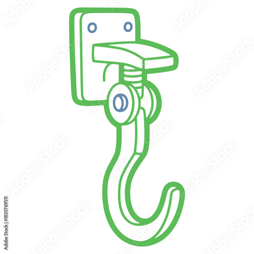 Illustration of a Heavy Duty Hook with Mounting Plate in Green and Blue Colors Minimalist Line Art Style